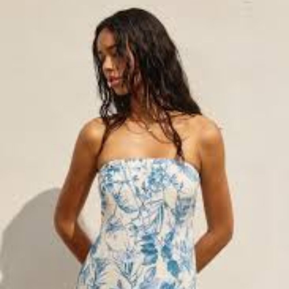 NWT Dress Forum Simone Strapless Tie Back Mini Blue Floral Summer Dress Women L